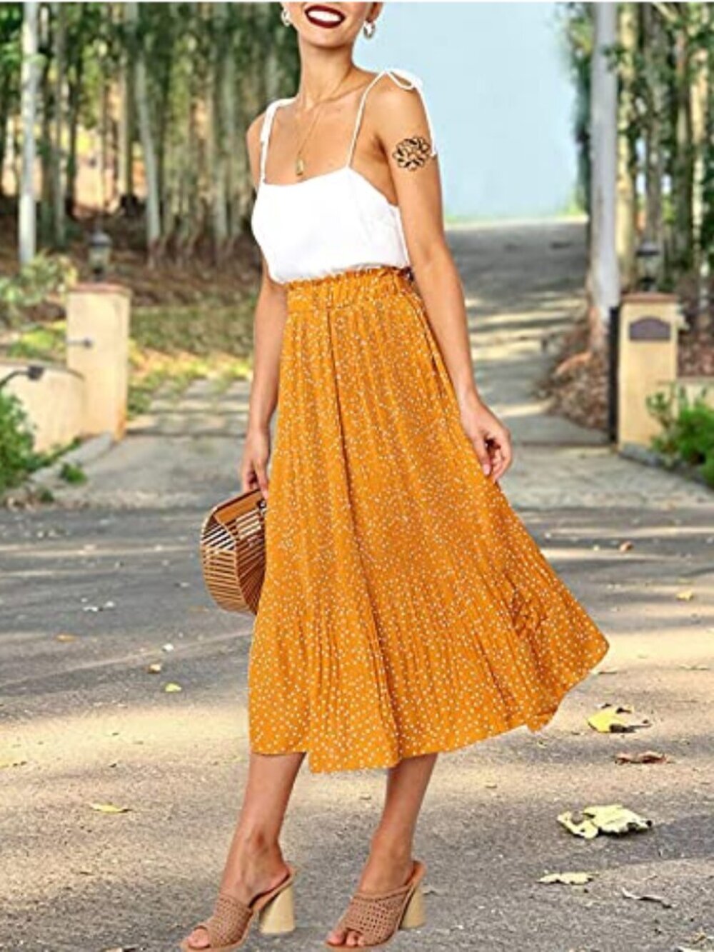 Exlura Mustard Yellow Polka Dot Pleated Swing Midi Skirt β Women's Size XXL